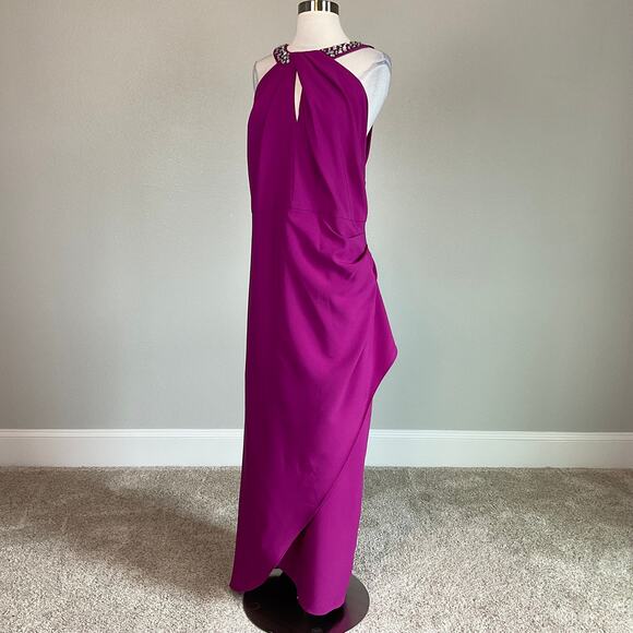 Fuchsia Pink Beaded Halter Evening Gown Size 6 SLNY Sleeveless Cut Out Dress - Picture 3 of 11